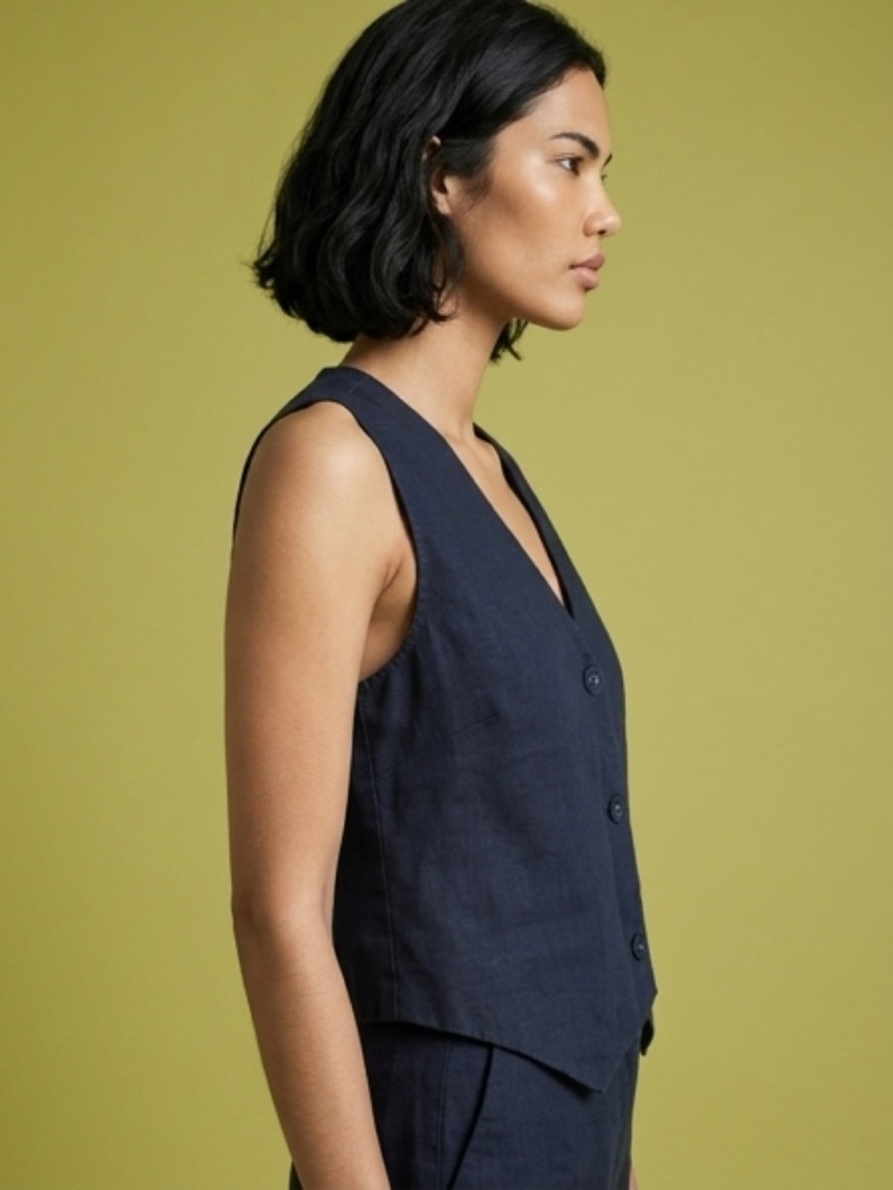 Quince linen Navy Sleeveless Button Vest - Picture 2 of 6